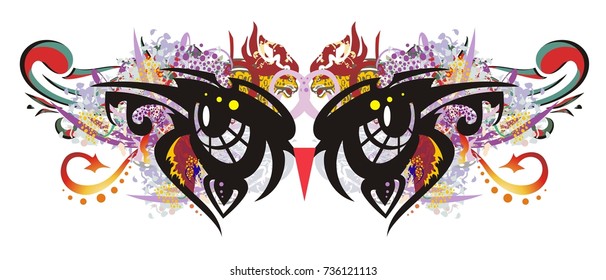 Carnival mask in the form of owl's eyes. Fantastic mask for a masquerade with colorful splashes and red arrows