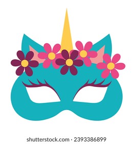 Carnival mask in the form of a unicorn with flowers. Festive element for holiday. Flat cartoon vector illustration isolated on a white background.