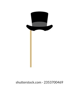 Carnival mask in the form of vintage gentleman hat on stick, flat vector illustration isolated on white background. Masquerade victorian male retro hat on handle.