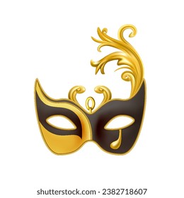 Carnival mask. Gold and black glasses for festive holidays. Masquerade party. Opera and theatre performance realistic object. Harlequin Venice accessory. Isolated vector performance costume element