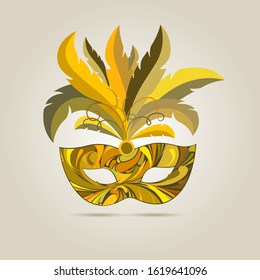 Carnival mask with gold feathers. Vector illustration.