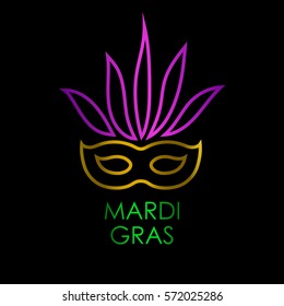 Carnival mask with gold, green, yellow and violet colors with lettering Mardi Gras. Isolated on black background. Vector illustration. 