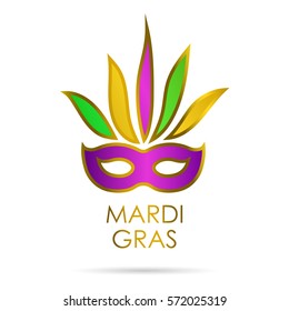 Carnival mask with gold, green, yellow and violet colors with lettering Mardi Gras. Isolated on white background. Vector illustration. 