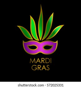 Carnival mask with gold, green, yellow and violet colors with lettering Mardi Gras. Isolated on black background. Vector illustration. 