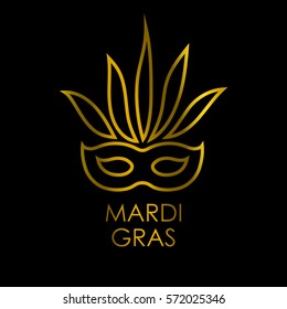 Carnival mask with gold and yellow colors with golden lettering Mardi Gras. Isolated on black background. Vector illustration. 
