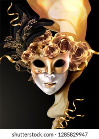 Carnival mask with golden roses and chiffon on black background in 3d illustration