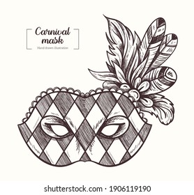 Carnival mask in graphic style. Sketch in doodle style. Party mask with feathers. Black and white vector Hand Drawn