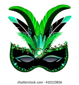 Carnival mask with green feathers and diamonds or rhinestones isolated on white background.