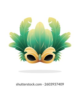 Carnival mask with green and yellow feathers, isolated on white background