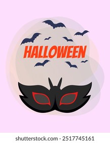 Carnival mask for Halloween party poster design. Flying bats on abstract background. Celebration, holiday concept. Vector illustration for invitation or banner