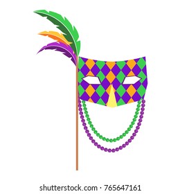 Carnival mask with handle decorated colorful feathers and beads flat vector isolated on white background. Masquerade clothing attribute illustration for costumed party or festival invitation design