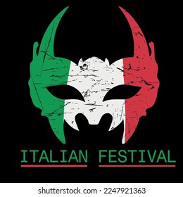 Carnival mask. Happy festive concept with italian flag on black background with grunge design.