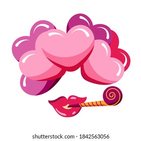 Carnival mask with heart balloon, mouth and whistle on white