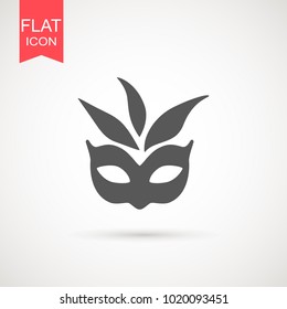 Carnival mask icon black silhouette isolated on white background. Mask with feathers pictogram. Vector illustration flat design