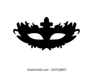 Carnival mask icon black silhouette isolated on white background. Mask with Venetian embroidery cut. Vector illustration flat design.