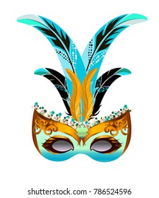 Carnival mask icon with feather isolated on white. Mask for Mardi Gras decorated with feathers.