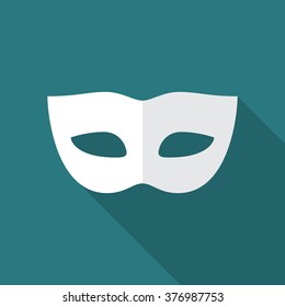 Carnival mask icon with long shadow. Flat design style. Mask silhouette. Simple icon. Modern flat icon in stylish colors. Web site page and mobile app design element.