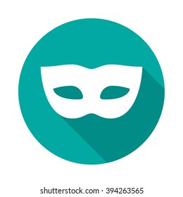 Carnival mask icon with long shadow. Flat design style. Round icon. Mask silhouette. Simple circle green icon. Modern flat icon. Web site page and mobile app design element.