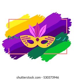 Carnival mask icon on colorful background. Mardi Gras celebration concept. Freehand cartoon style. Masquerade parade traditional symbol. Holiday carnival sticker template. Vector decorative banner 