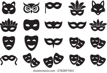 Carnival mask icon set collection with masquerade theater comedy tragedy animal and Venetian mask symbols in solid and outline styles isolated on transparent background