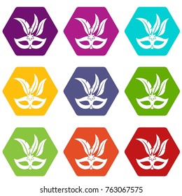 Carnival mask icon set many color hexahedron isolated on white vector illustration