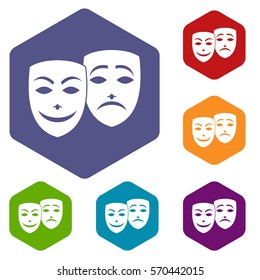 Carnival mask icons set rhombus in different colors isolated on white background
