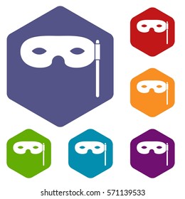 Carnival mask icons set rhombus in different colors isolated on white background