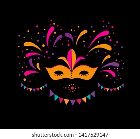 Carnival mask illustration for greeting card poster invitation or banner. Garland and fireworks background. Carnival party design. Vector illustration