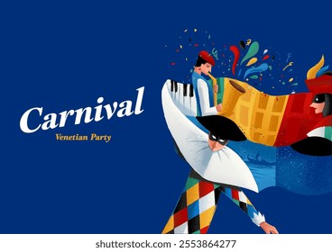 carnival mask illustration with harlequin and musician playing saxophone