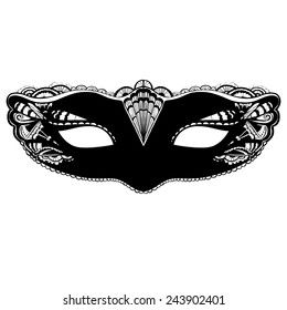 Carnival mask illustration isolated on white background. Elegant and ornate fashion mask with swirls and lace. Complex black and white silhouette.