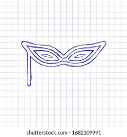 Carnival mask, incognito at the masquerade, linear style. Hand drawn picture on paper sheet. Blue ink, outline sketch style. Doodle on checkered background