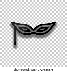 Carnival mask, incognito at the masquerade, linear style. Black glass icon with soft shadow on transparent background