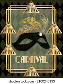 Carnival mask invitation card, art deco style , vector illustration
