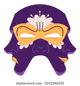 Carnival mask of Japanese warrior, samurai. Decorated masque for masquerade. Disguise accessory for face for Mardi Gras holiday. Venetian theater. Flat isolated vector illustration on white background