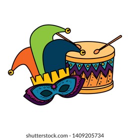 carnival mask with joker hat and drum
