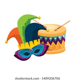 carnival mask with joker hat and drum