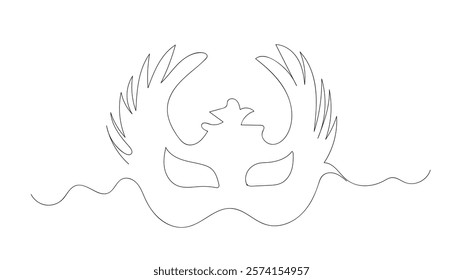 Carnival mask line art vector illustration. Continuous one line design. Creative funny party costume accessories for celebration. Hand made vector not AI 