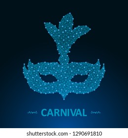 Carnival mask made by points and lines. Brazil holiday banner for Mardi Gras with polygonal wireframe mesh. Low poly carnaval design. Vector illustration.