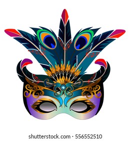 Carnival mask for Mardi Gras festival with peacock feathers isolated on white.