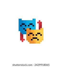 Carnival mask for masquerade costume pixel art icon, emoji. Performing arts. Greeting card design. Isolated vector illustration. Game assets 8-bit sprite. Design for stickers, web, mobile app.