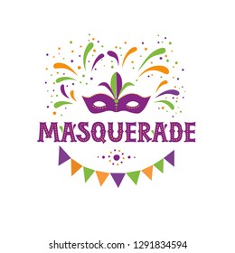 Karnevalmaske und Masquerade-Inschrift für Grußkarteneinladung oder Banner. Garland und Feuerwerk-Hintergrund. Carnival Party Design. Vektorgrafik