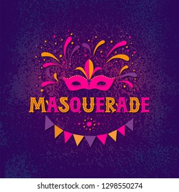 Carnival Mask And Masquerade Inscription For Greeting Card Poster Invitation Or Banner. Garland And Fireworks Background. Carnival Party Design. Vector Illustration