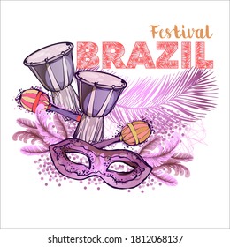 Carnival mask and musical drum for the Brazilian carnival. Vector illustration. Poster, flyer for a traditional party.