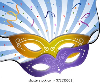 carnival mask on a blue background with rays. EPS 10