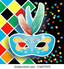 Carnival mask on harlequin background, vector 