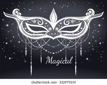 Carnival mask on the star background. Lace. Vector illustration. Holiday magic ornament, honor wardrobe. mask silhouette. 