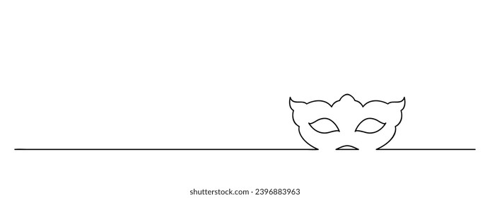 carnival mask one line art, mardi gras lineart, black line vector illustration, horizontal design element