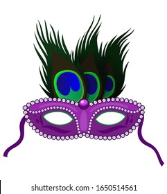 Carnival mask with peacock feathers isolated on a white background. Vector graphics.