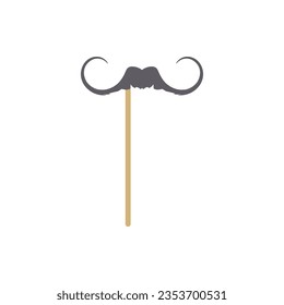 Carnival mask or photo booth prop in shape male mustache on stick, flat vector illustration isolated on white background. Gentleman vintage mustache mask.