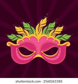 Carnival mask with pink feathers on dark Vector